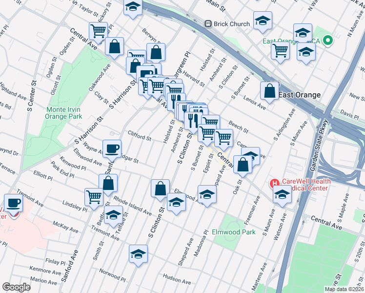 map of restaurants, bars, coffee shops, grocery stores, and more near 206 Amherst Street in East Orange