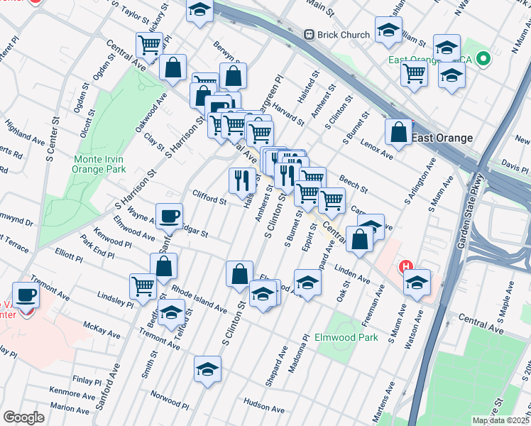 map of restaurants, bars, coffee shops, grocery stores, and more near 206 Amherst Street in East Orange