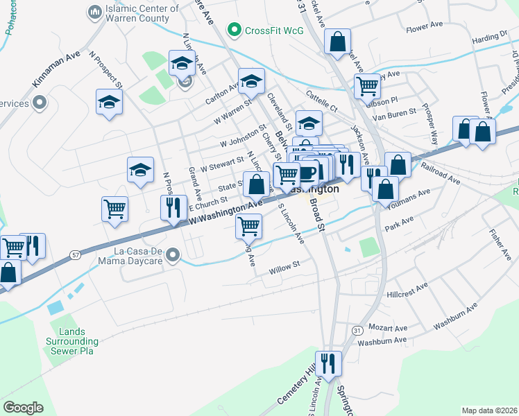 map of restaurants, bars, coffee shops, grocery stores, and more near 102 West Washington Avenue in Washington
