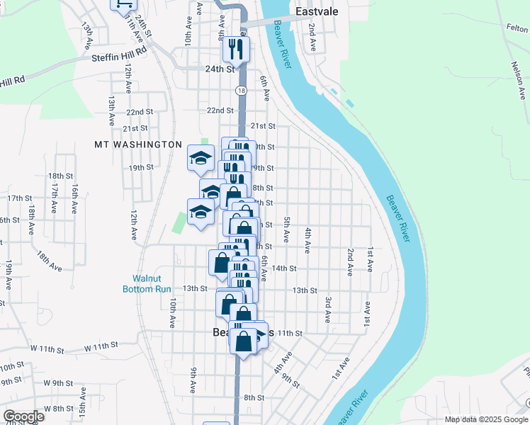 map of restaurants, bars, coffee shops, grocery stores, and more near 518 17th Street in Beaver Falls