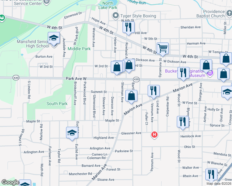 map of restaurants, bars, coffee shops, grocery stores, and more near 36 Sherman Avenue in Mansfield