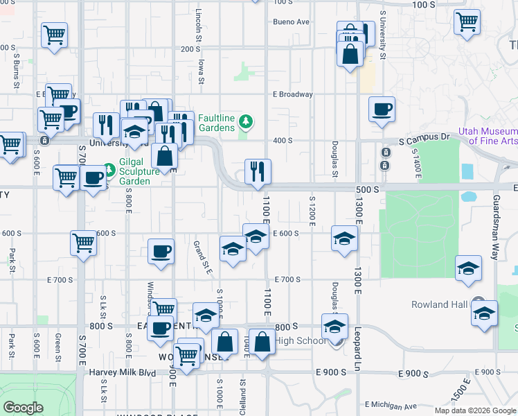 map of restaurants, bars, coffee shops, grocery stores, and more near 513 1100 East in Salt Lake City