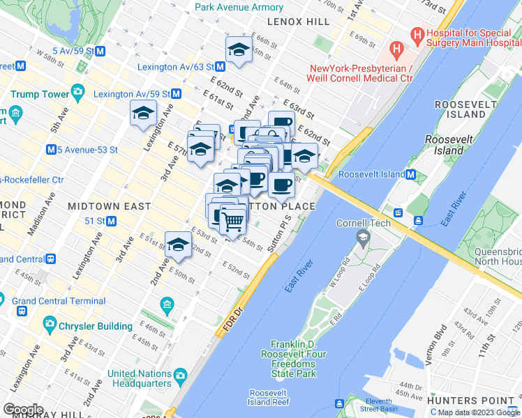 map of restaurants, bars, coffee shops, grocery stores, and more near 431 East 57th Street in New York