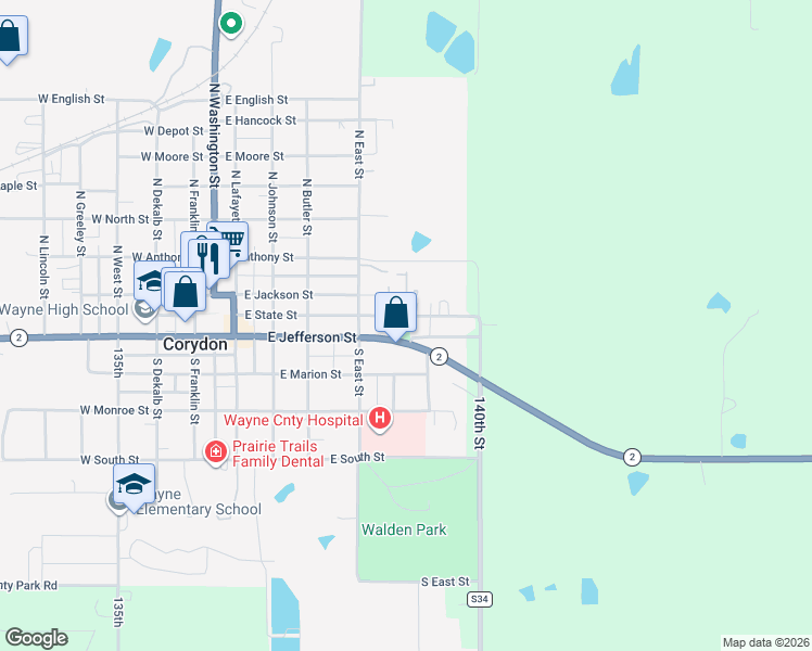map of restaurants, bars, coffee shops, grocery stores, and more near 571 East State Street in Corydon