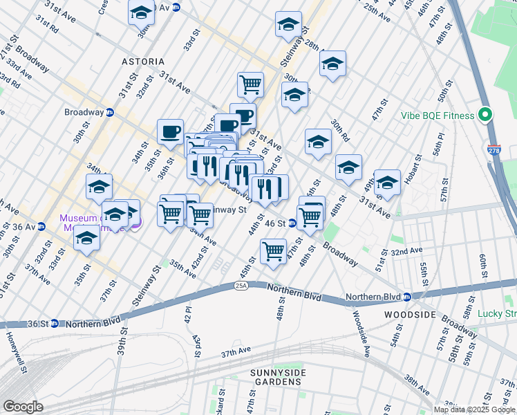 map of restaurants, bars, coffee shops, grocery stores, and more near 43-12 Broadway in Queens