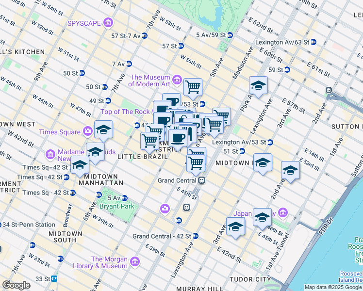map of restaurants, bars, coffee shops, grocery stores, and more near 609 5th Avenue in New York