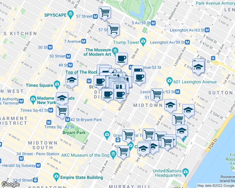 map of restaurants, bars, coffee shops, grocery stores, and more near 609 5th Avenue in New York