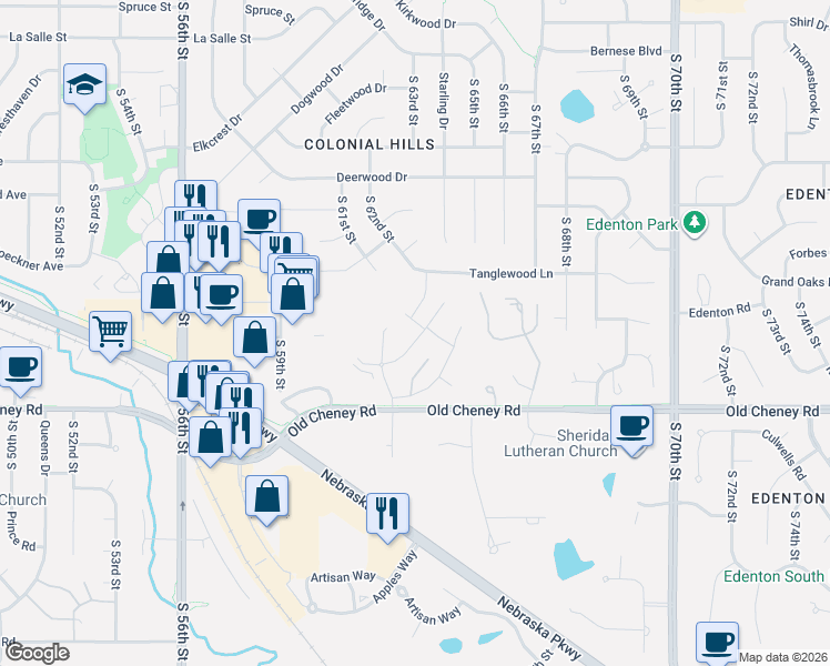 map of restaurants, bars, coffee shops, grocery stores, and more near 6200 Black Forest Drive in Lincoln