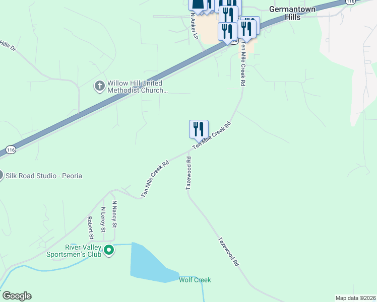 map of restaurants, bars, coffee shops, grocery stores, and more near 287 Tazewood Road in Metamora