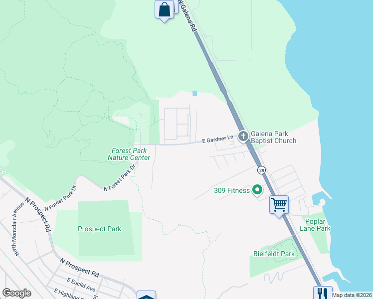 map of restaurants, bars, coffee shops, grocery stores, and more near 1520 East Gardner Lane in Peoria Heights