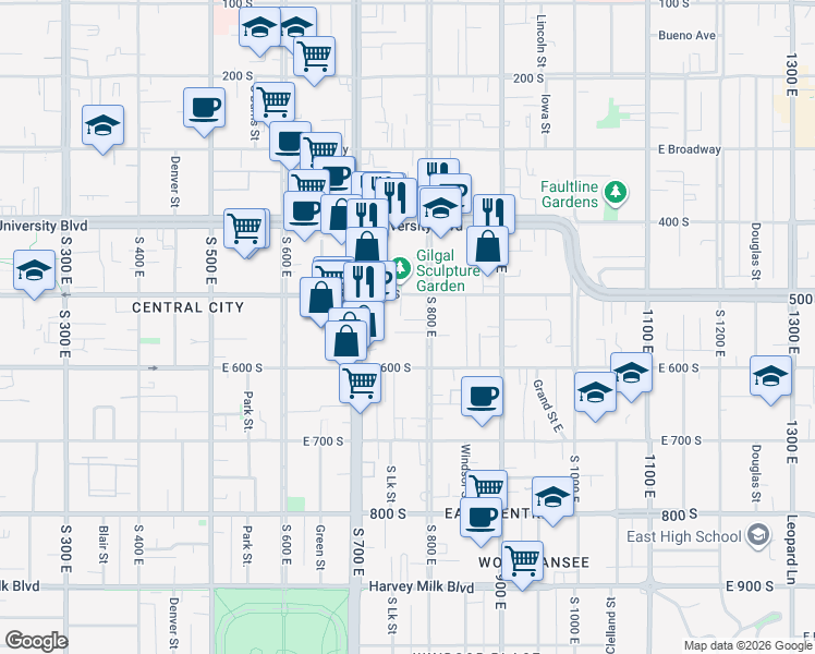 map of restaurants, bars, coffee shops, grocery stores, and more near 512 800 East in Salt Lake City