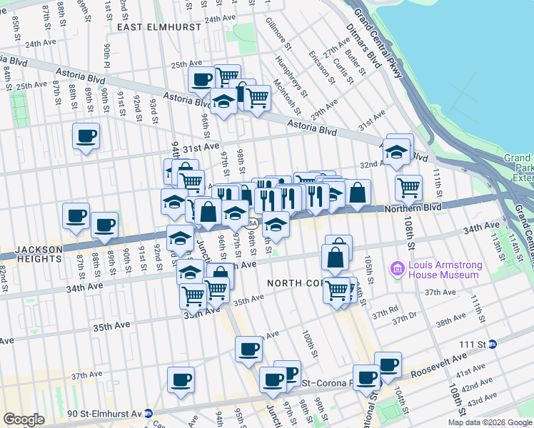 map of restaurants, bars, coffee shops, grocery stores, and more near 32-40 100th Street in Queens