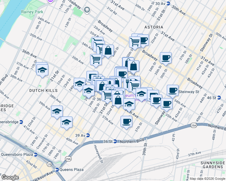 map of restaurants, bars, coffee shops, grocery stores, and more near 30-14 35th Avenue in Queens