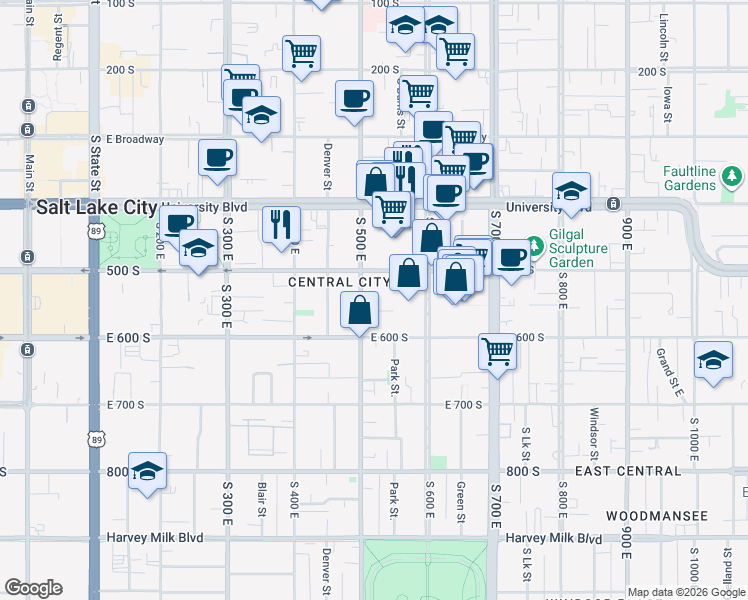 map of restaurants, bars, coffee shops, grocery stores, and more near 515 500 East in Salt Lake City