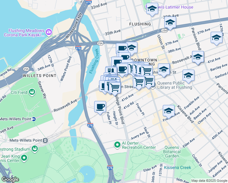 map of restaurants, bars, coffee shops, grocery stores, and more near 40-24 College Point Boulevard in Queens