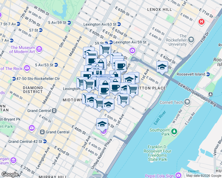 map of restaurants, bars, coffee shops, grocery stores, and more near 250 East 54th Street in New York