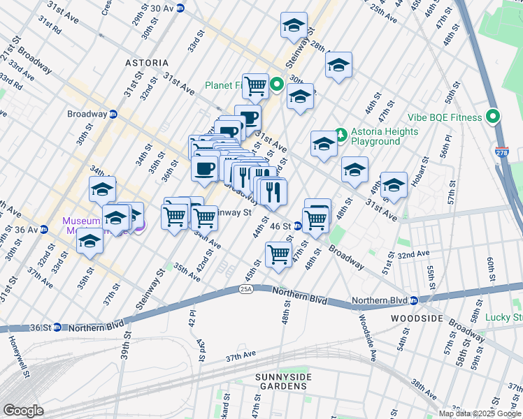 map of restaurants, bars, coffee shops, grocery stores, and more near 42-14 Broadway in Queens