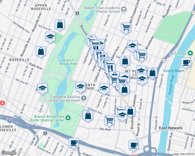 map of restaurants, bars, coffee shops, grocery stores, and more near 240 Clifton Avenue in Newark