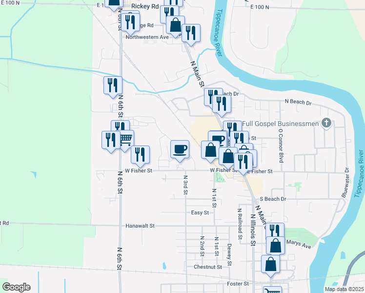 map of restaurants, bars, coffee shops, grocery stores, and more near 1008 Foxwood Court in Monticello