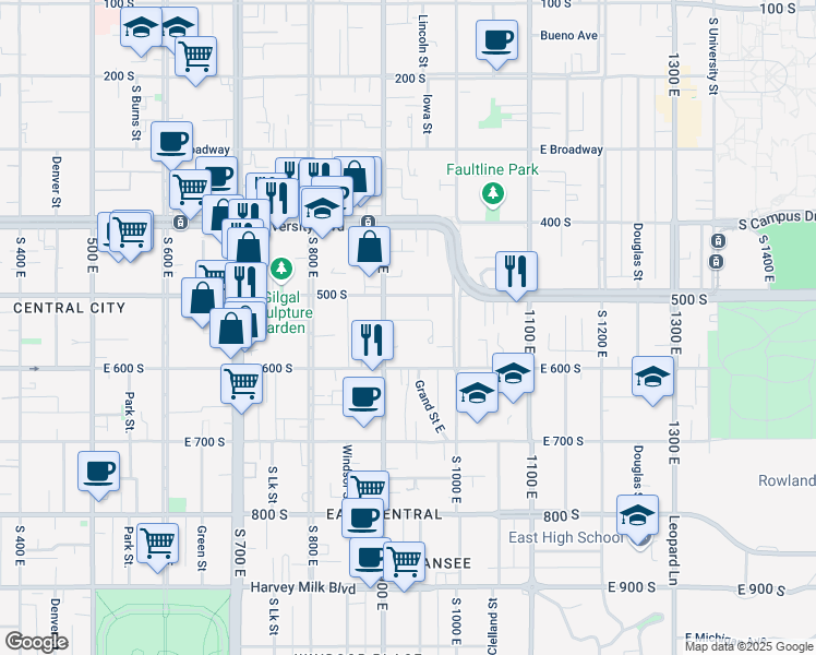 map of restaurants, bars, coffee shops, grocery stores, and more near 525 South 900 East in Salt Lake City