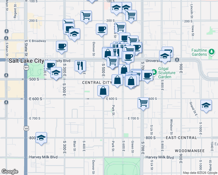 map of restaurants, bars, coffee shops, grocery stores, and more near 537 South 500 East in Salt Lake City