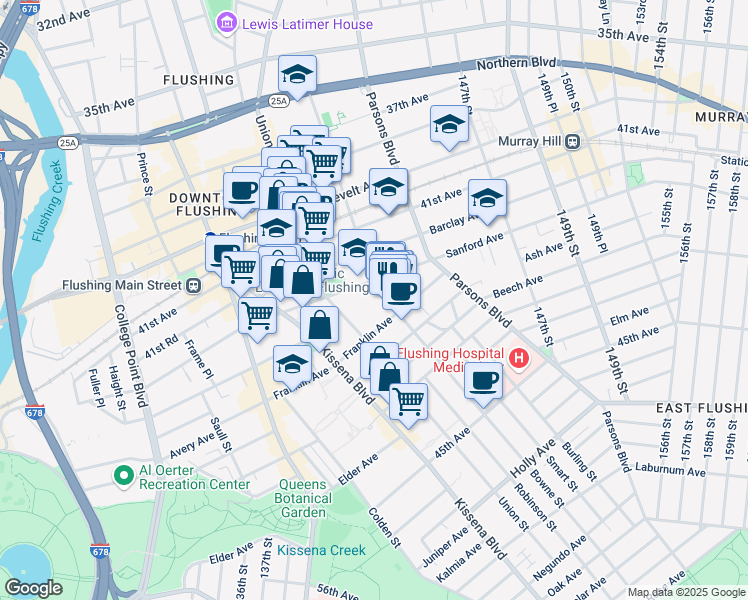 map of restaurants, bars, coffee shops, grocery stores, and more near 143-20 Sanford Avenue in Queens