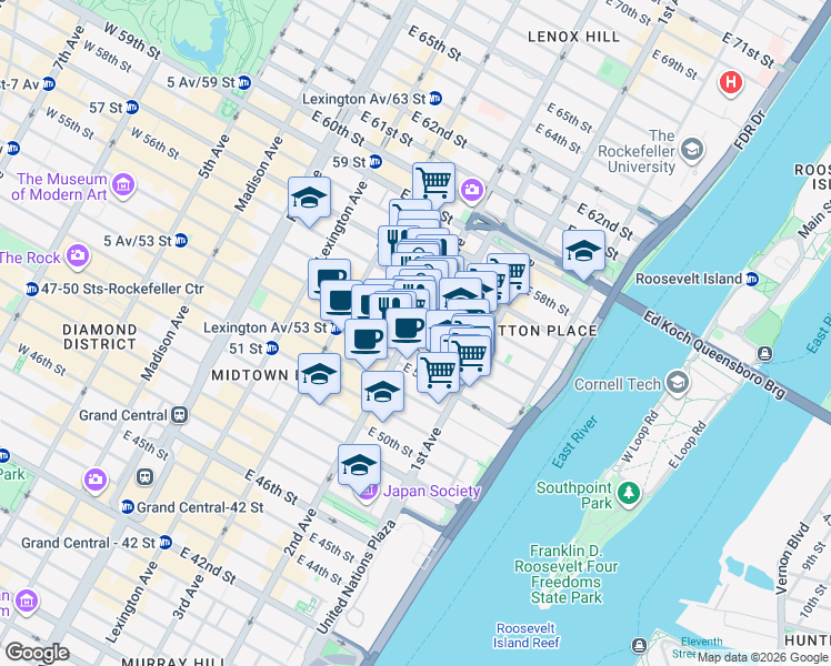 map of restaurants, bars, coffee shops, grocery stores, and more near 1030 2nd Avenue in New York
