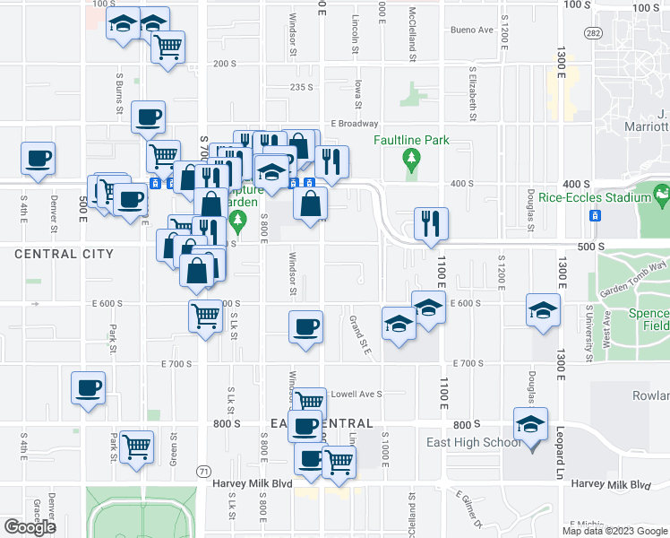 map of restaurants, bars, coffee shops, grocery stores, and more near 932 East 500 South in Salt Lake City