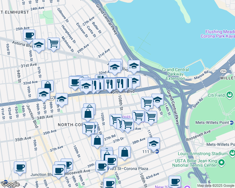 map of restaurants, bars, coffee shops, grocery stores, and more near 107-20 Northern Boulevard in Queens