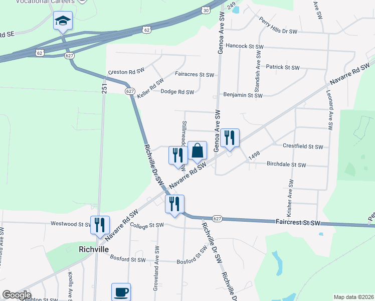 map of restaurants, bars, coffee shops, grocery stores, and more near 3462 Stillmeadow Avenue Southwest in Canton