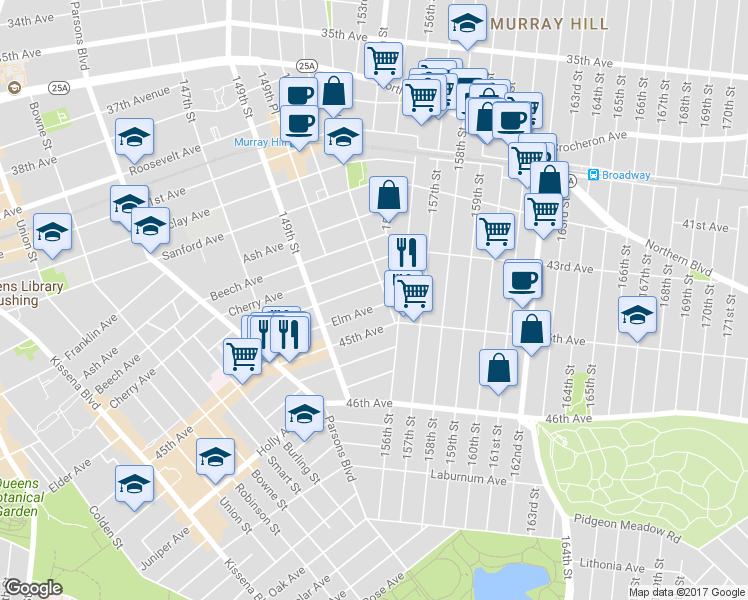 map of restaurants, bars, coffee shops, grocery stores, and more near 149-63 Elm Avenue in Queens