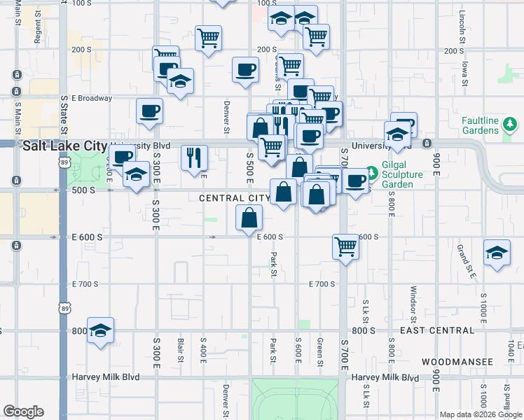 map of restaurants, bars, coffee shops, grocery stores, and more near 537 South 500 East in Salt Lake City