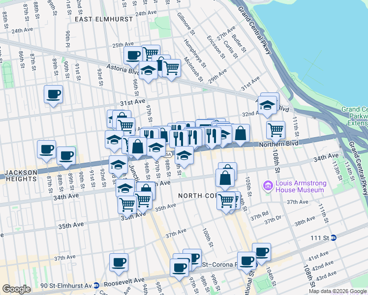 map of restaurants, bars, coffee shops, grocery stores, and more near 32-40 100th Street in Queens