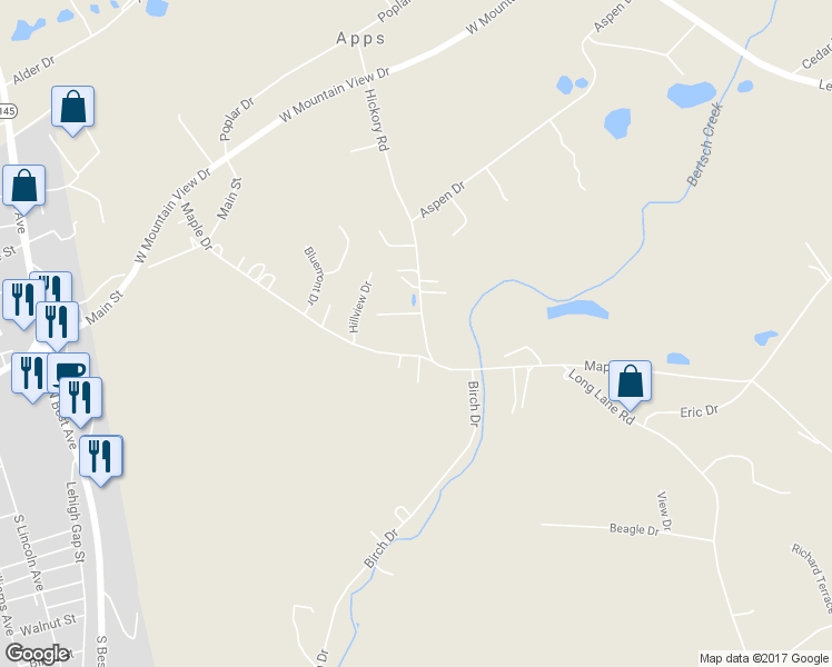map of restaurants, bars, coffee shops, grocery stores, and more near 819 Hickory Road in Walnutport
