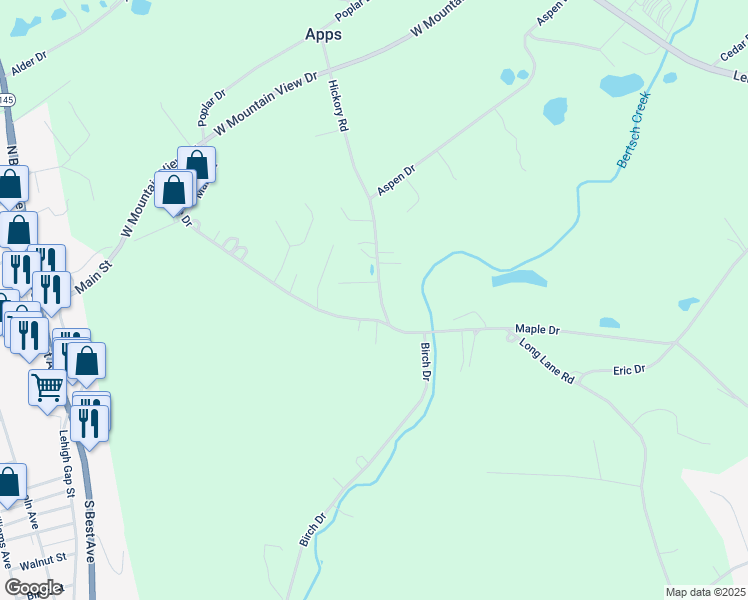 map of restaurants, bars, coffee shops, grocery stores, and more near 819 Hickory Road in Walnutport