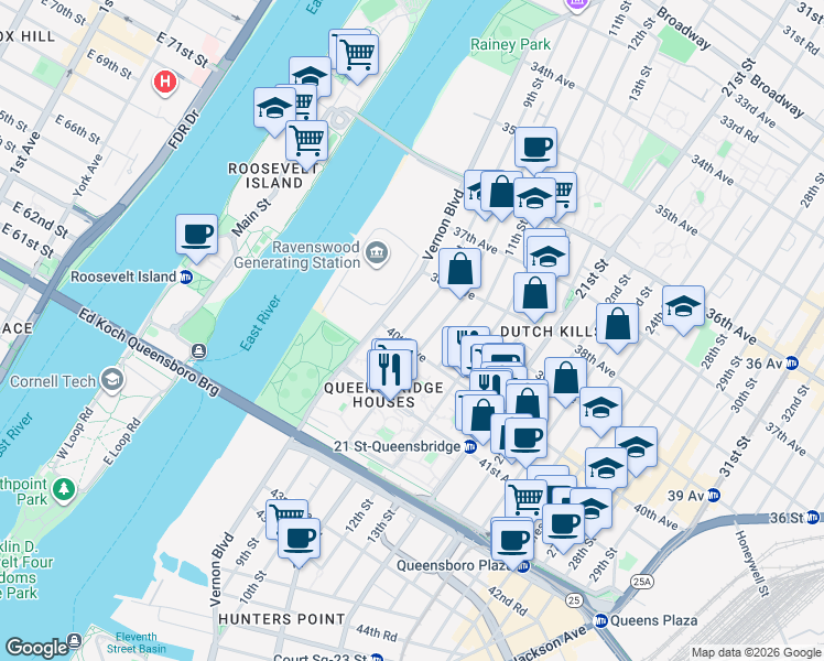 map of restaurants, bars, coffee shops, grocery stores, and more near 38-35 9th Street in Queens