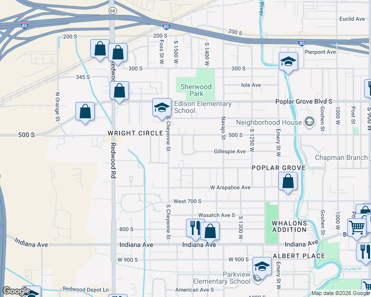 map of restaurants, bars, coffee shops, grocery stores, and more near 515 South 1485 West in Salt Lake City
