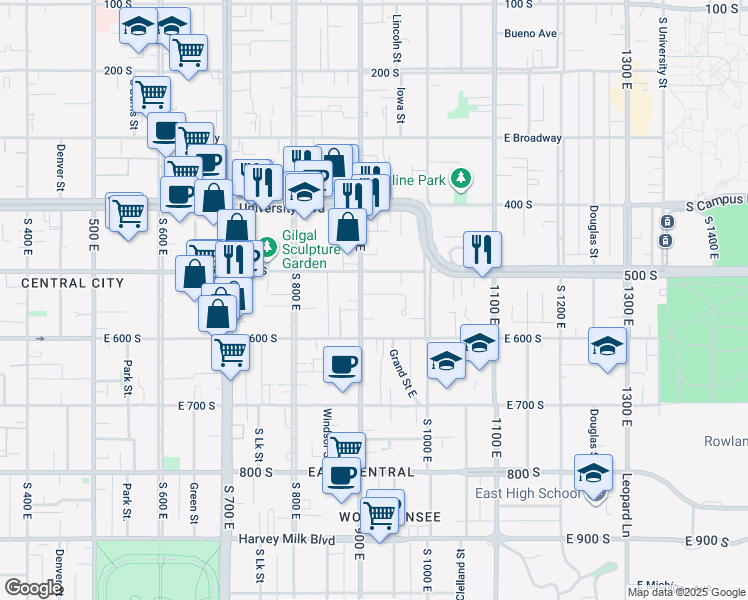 map of restaurants, bars, coffee shops, grocery stores, and more near 525 South 900 East in Salt Lake City
