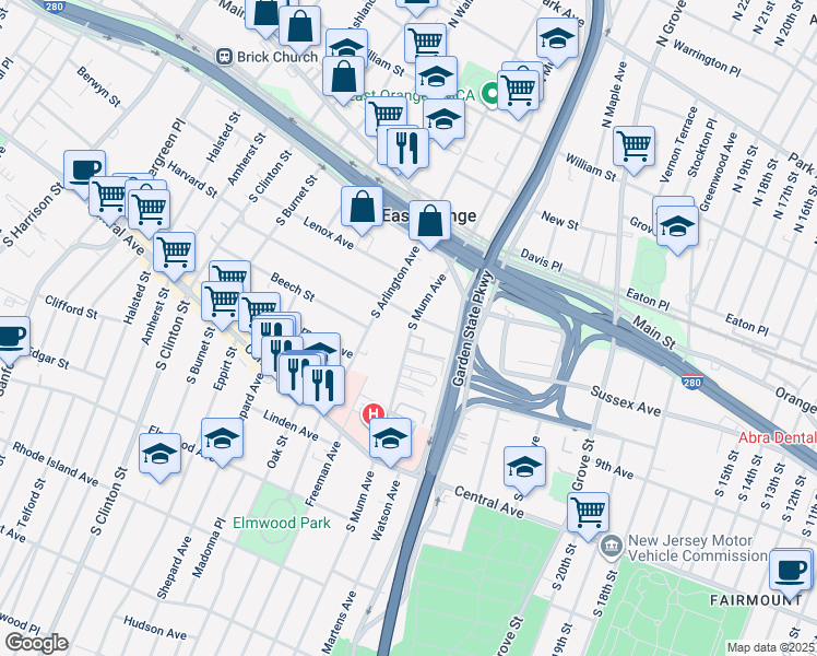 map of restaurants, bars, coffee shops, grocery stores, and more near 7 Chestnut Street in East Orange