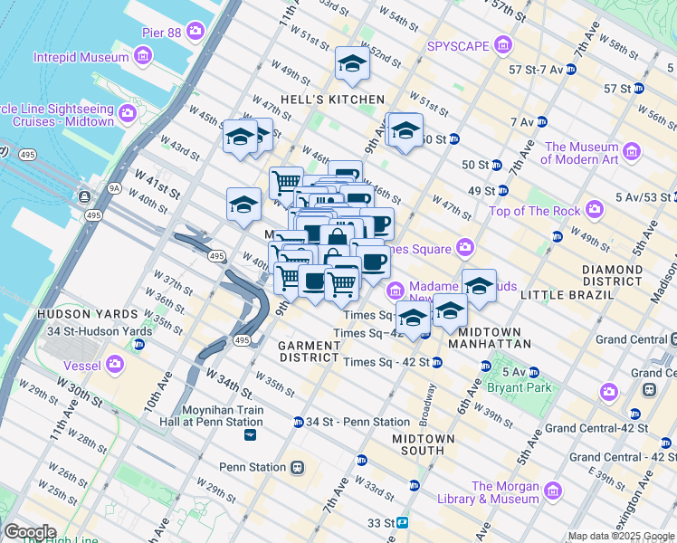 map of restaurants, bars, coffee shops, grocery stores, and more near 330 West 42nd Street in New York