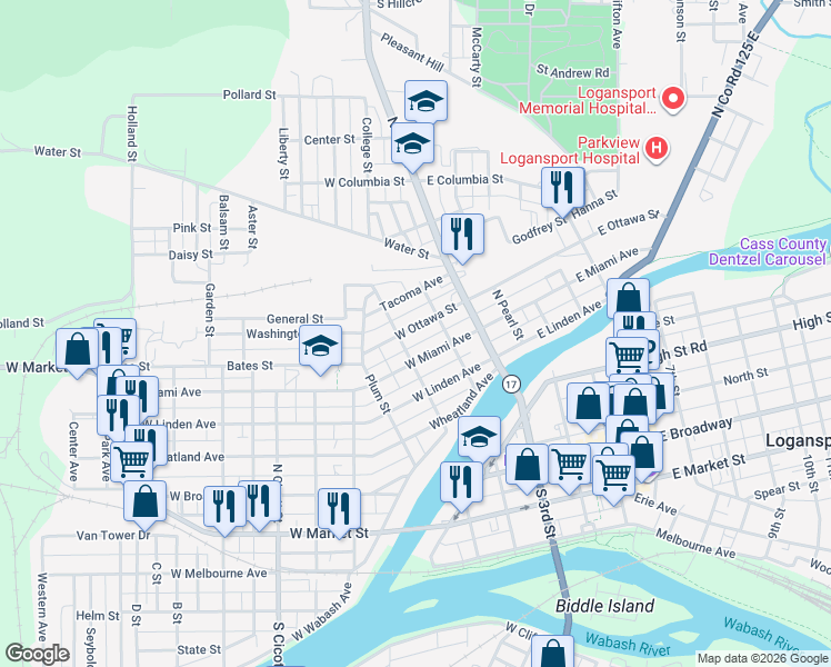 map of restaurants, bars, coffee shops, grocery stores, and more near 110 West Ottawa Street in Logansport