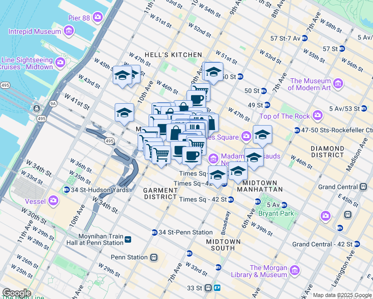 map of restaurants, bars, coffee shops, grocery stores, and more near 330 West 42nd Street in New York