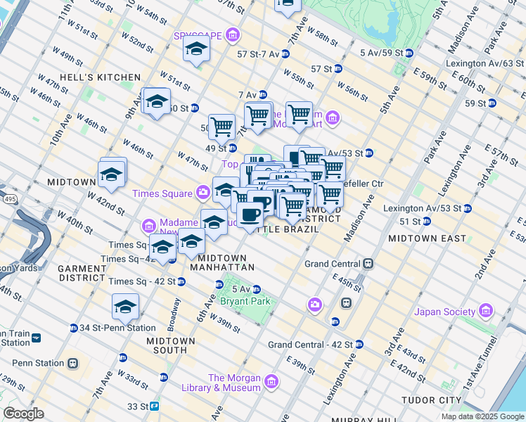 map of restaurants, bars, coffee shops, grocery stores, and more near 1180 6th Avenue in New York