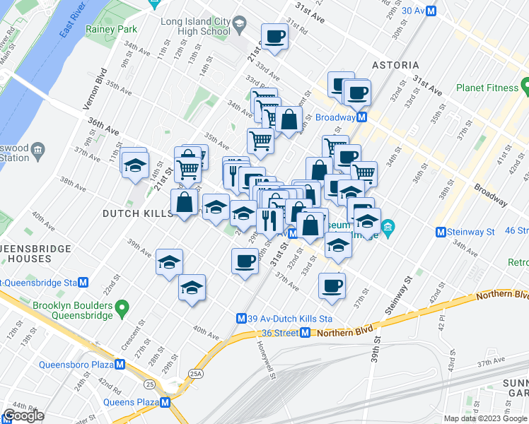 map of restaurants, bars, coffee shops, grocery stores, and more near 35-58 29th Street in Queens