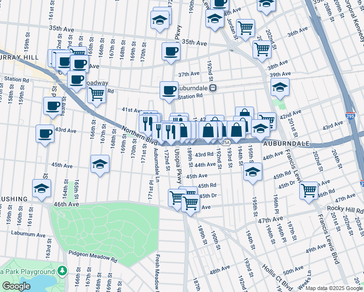 map of restaurants, bars, coffee shops, grocery stores, and more near 188-10 Northern Boulevard in Queens