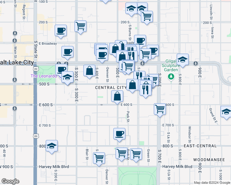 map of restaurants, bars, coffee shops, grocery stores, and more near in Salt Lake City