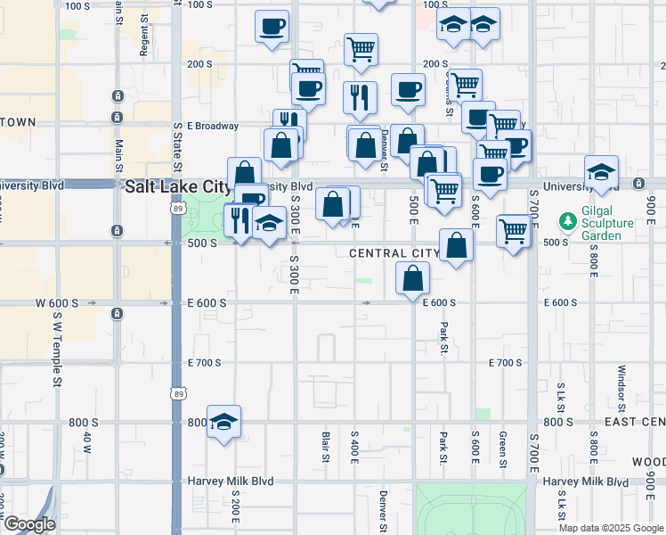 map of restaurants, bars, coffee shops, grocery stores, and more near 350 500 South in Salt Lake City