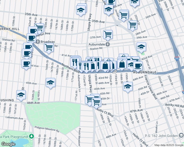 map of restaurants, bars, coffee shops, grocery stores, and more near 188-15 Northern Boulevard in Queens