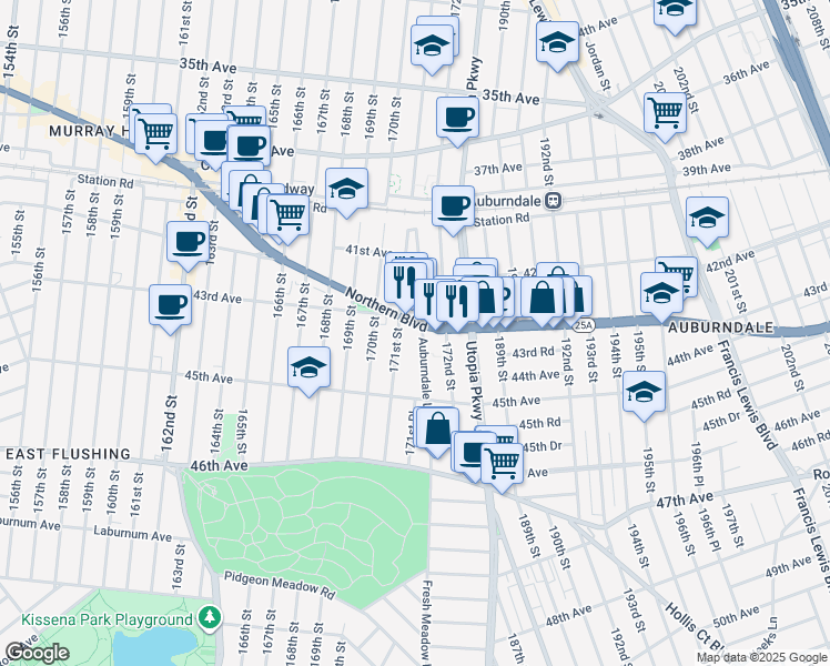 map of restaurants, bars, coffee shops, grocery stores, and more near 17109 Northern Boulevard in Queens