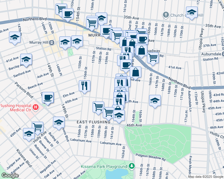 map of restaurants, bars, coffee shops, grocery stores, and more near 43-31 160th Street in Queens
